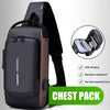 A black men's anti-theft lock chest bag with a padded shoulder strap and USB charging features.