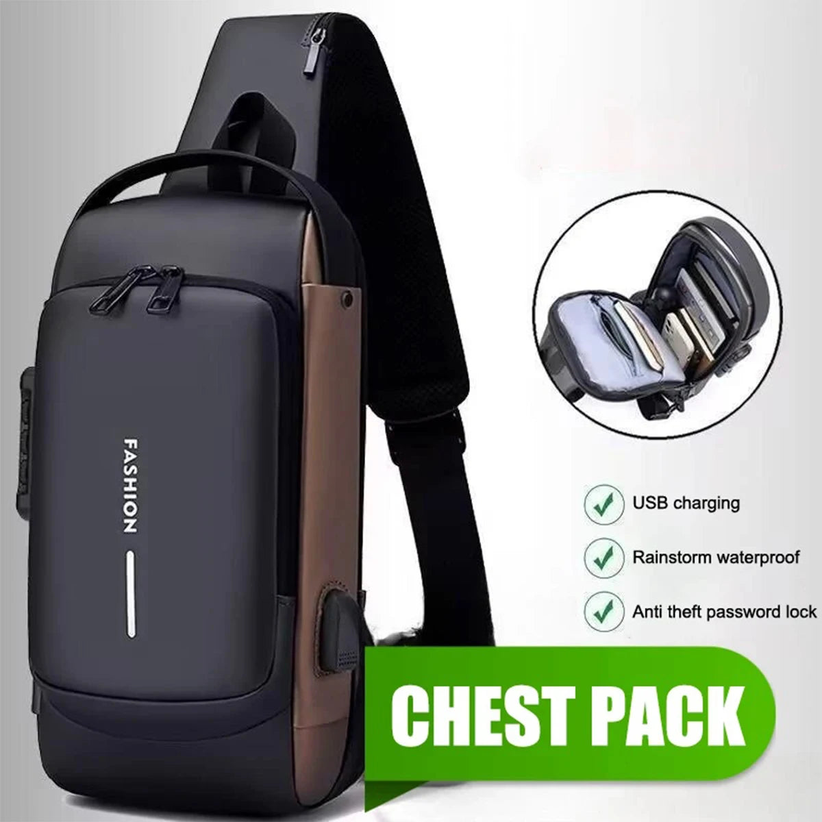 A black men's anti-theft lock chest bag with a padded shoulder strap and USB charging features.