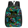 A black backpack featuring a vibrant green and blue electrical theme with various game controllers printed on it.