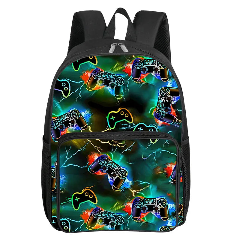 A black backpack featuring a vibrant green and blue electrical theme with various game controllers printed on it.