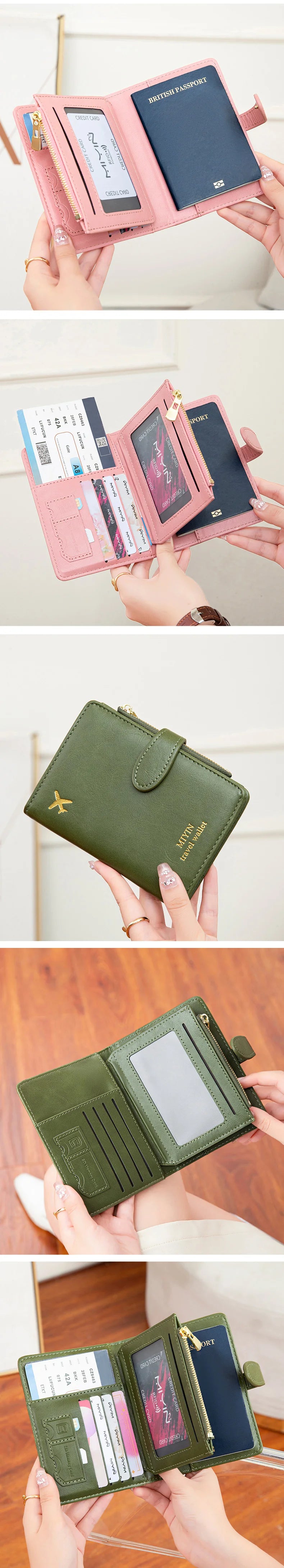 A close-up of a multi-functional PU leather passport wallet in olive green color, showing various passport and card slots.
