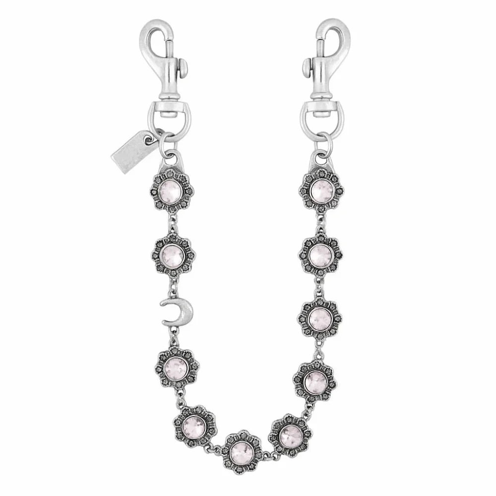 Silver crystal petal keychain with rhinestone charm hanging from a lobster clasp