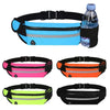 A collection of waterproof running waist packs in various colors including blue, pink, orange, and lime green.