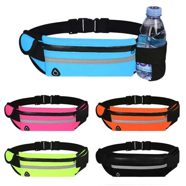 A collection of waterproof running waist packs in various colors including blue, pink, orange, and lime green.