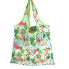 A reusable tote bag made of eco-friendly nylon featuring a tropical floral print in shades of green, pink, and orange.
