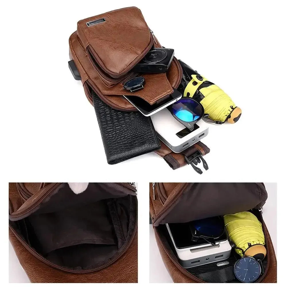 A brown leather crossbody chest bag with a USB charging port and various accessories visible inside.