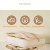A beige portable luggage shoe organizer bag shown with three pairs of shoes inside.