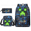 A black backpack featuring a Minecraft pixelated design on the front and a matching pouch.
