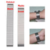 Stainless steel expansion watch bands shown in polished and matte finishes on a wrist.