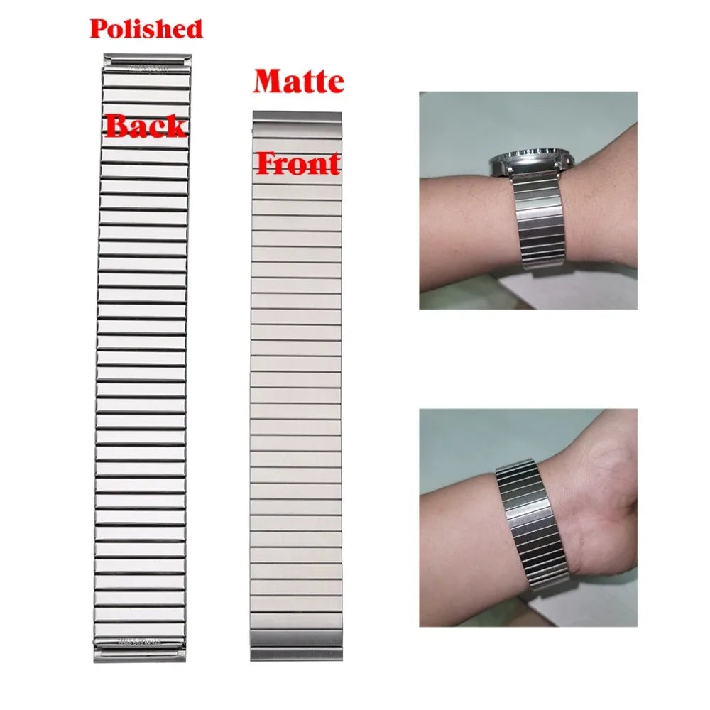 Stainless steel expansion watch bands shown in polished and matte finishes on a wrist.