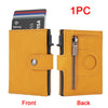 A yellow leather wallet showing the front and back, with an RFID-blocking card slot and a zipper compartment.