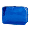 A transparent blue PVC travel makeup bag with a zipper closure.