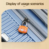 An orange bear-shaped combination padlock is shown attached to a silver zipper on a blue fabric.