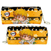 A yellow and black patterned PU leather pencil case featuring an illustration of a Demon Slayer character.