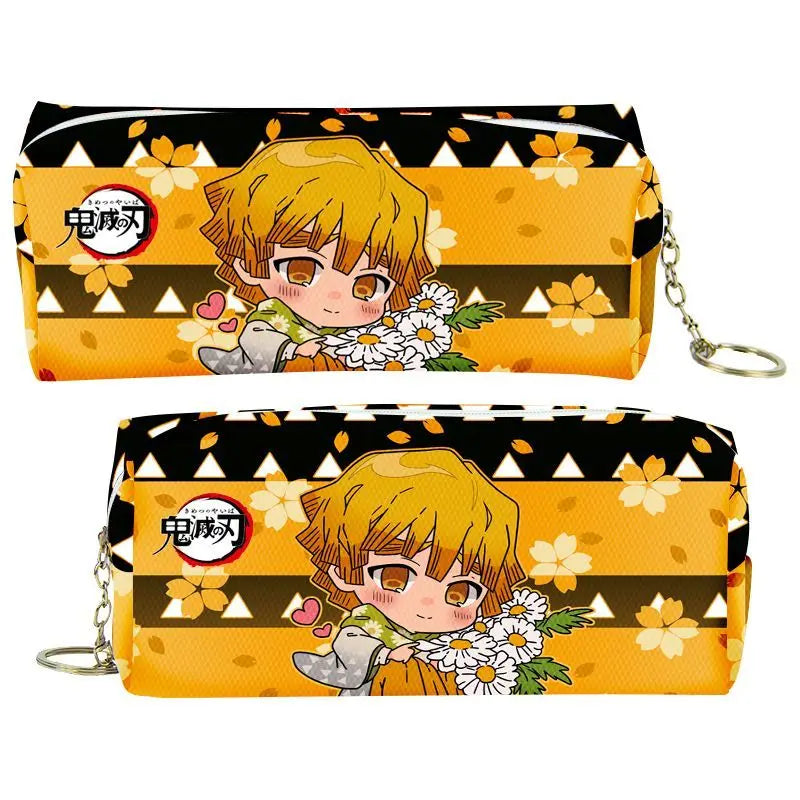 A yellow and black patterned PU leather pencil case featuring an illustration of a Demon Slayer character.