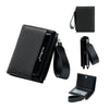 Black women's zip-around wallet with card slots and coin pocket shown in various views