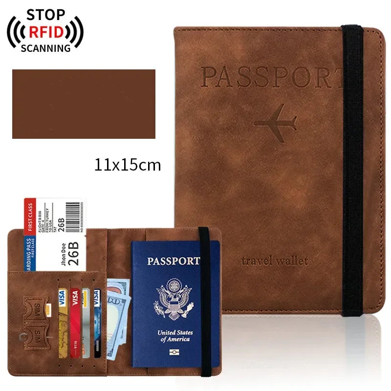 Portefeuille de passeport en cuir marron avec protection RFID et livret de passeport.