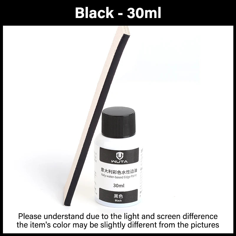 Bouteille noire de 30ml d'huile de peinture à bords Wuta, avec un bâton applicateur en bois.