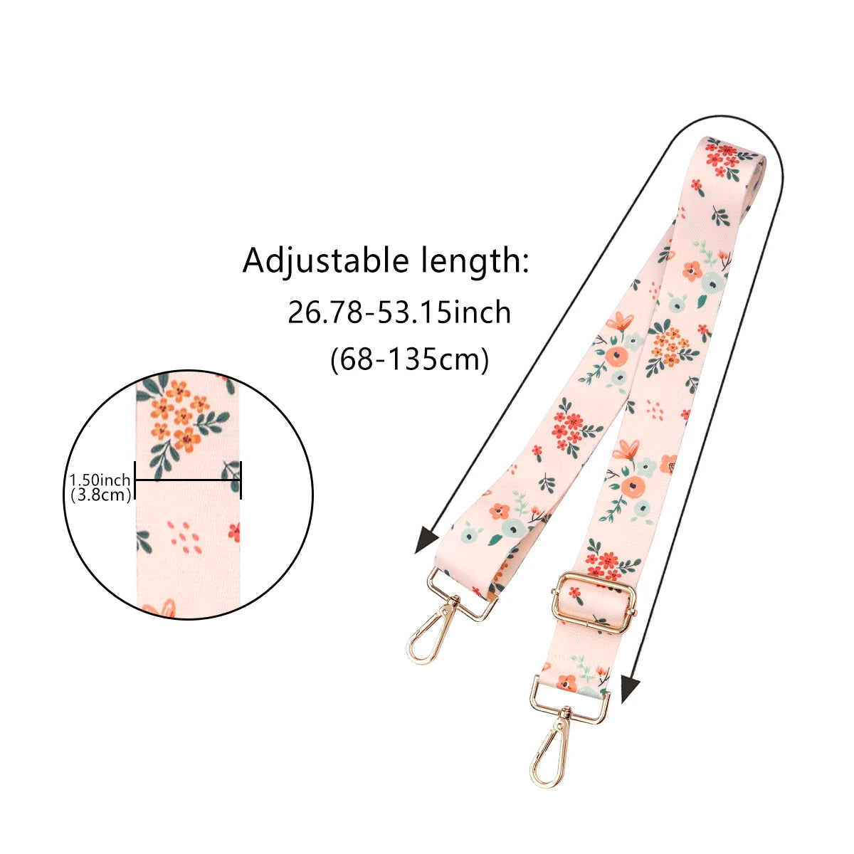 Pink sunflower pattern adjustable strap for a crossbody bag, showing length options from 26.78 to 53.15 inches.
