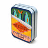 A portable metal storage box featuring a print of blue and orange sardines in a marine theme.