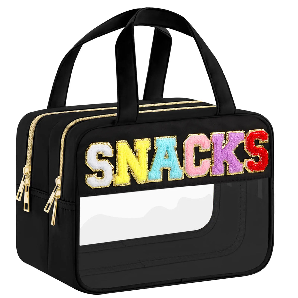 Black clear makeup bag with a gold zipper and colorful chenille letters spelling SNACKS