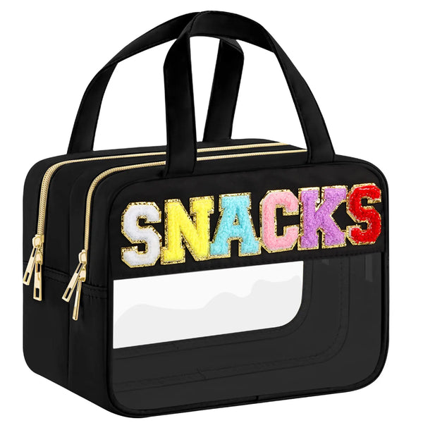 Black clear makeup bag with a gold zipper and colorful chenille letters spelling SNACKS