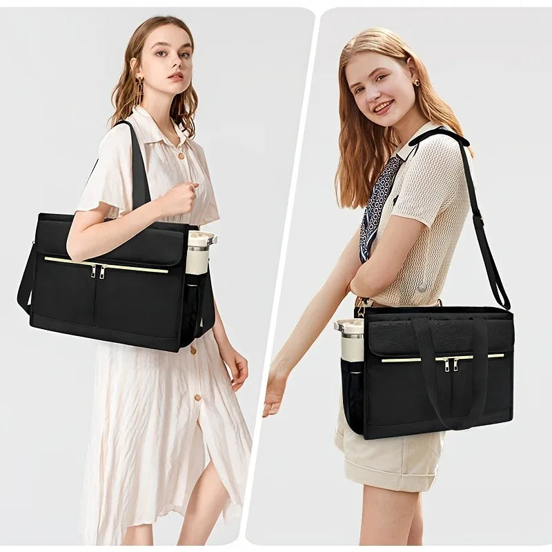 A woman is shown carrying a black insulated laptop lunch tote with a strap, next to a similar tote.