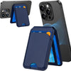 Portefeuille magnétique et support de téléphone bleu foncé à côté d'un iPhone.