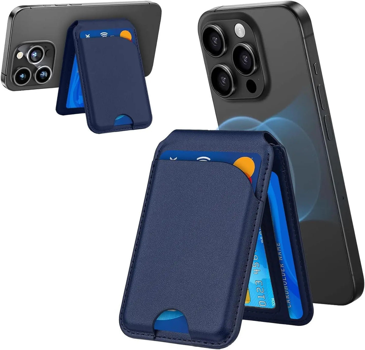 A dark blue MagSafe magnetic card holder wallet for an iPhone shown alongside the phone.