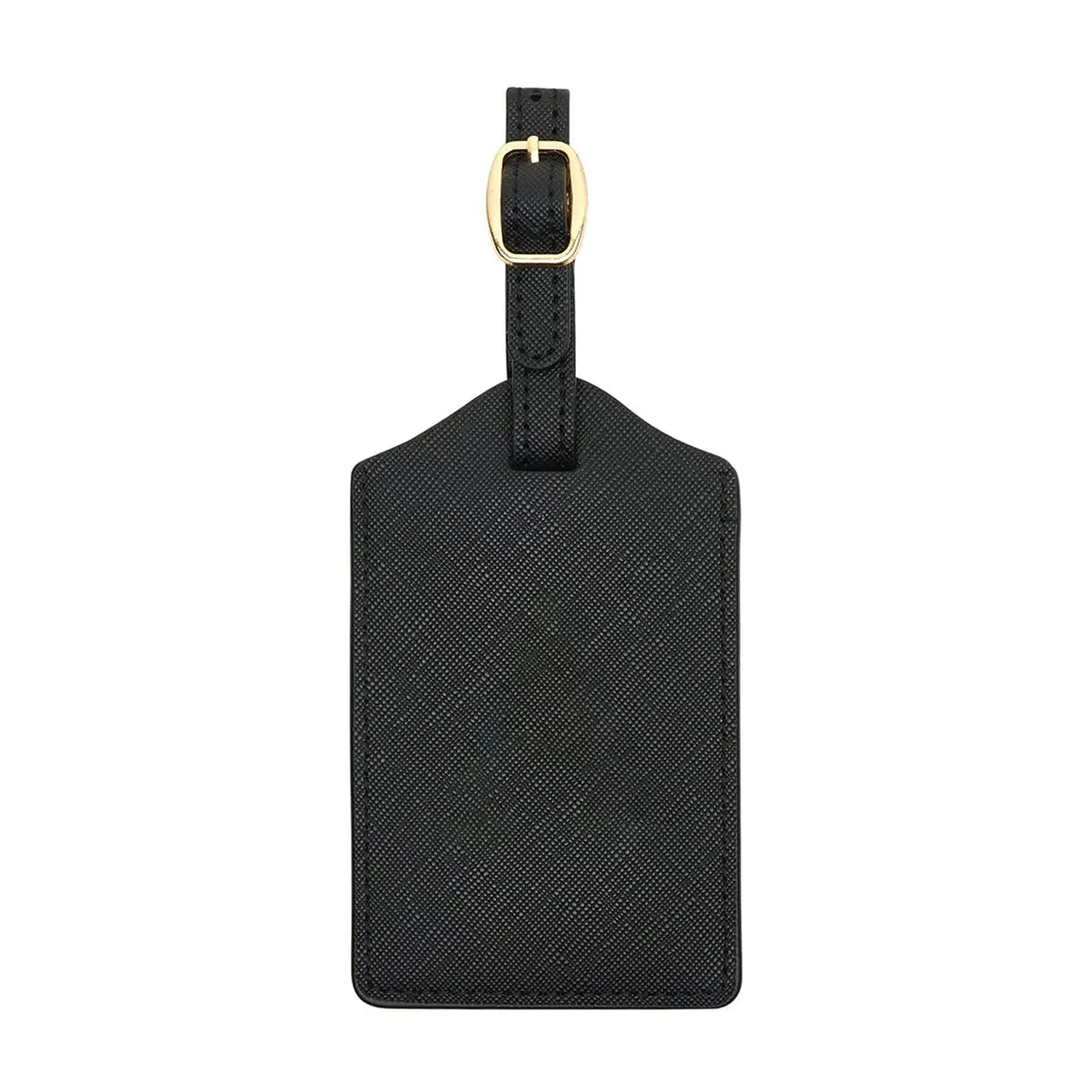 Black PU leather luggage tag with a gold-colored loop and privacy cover.