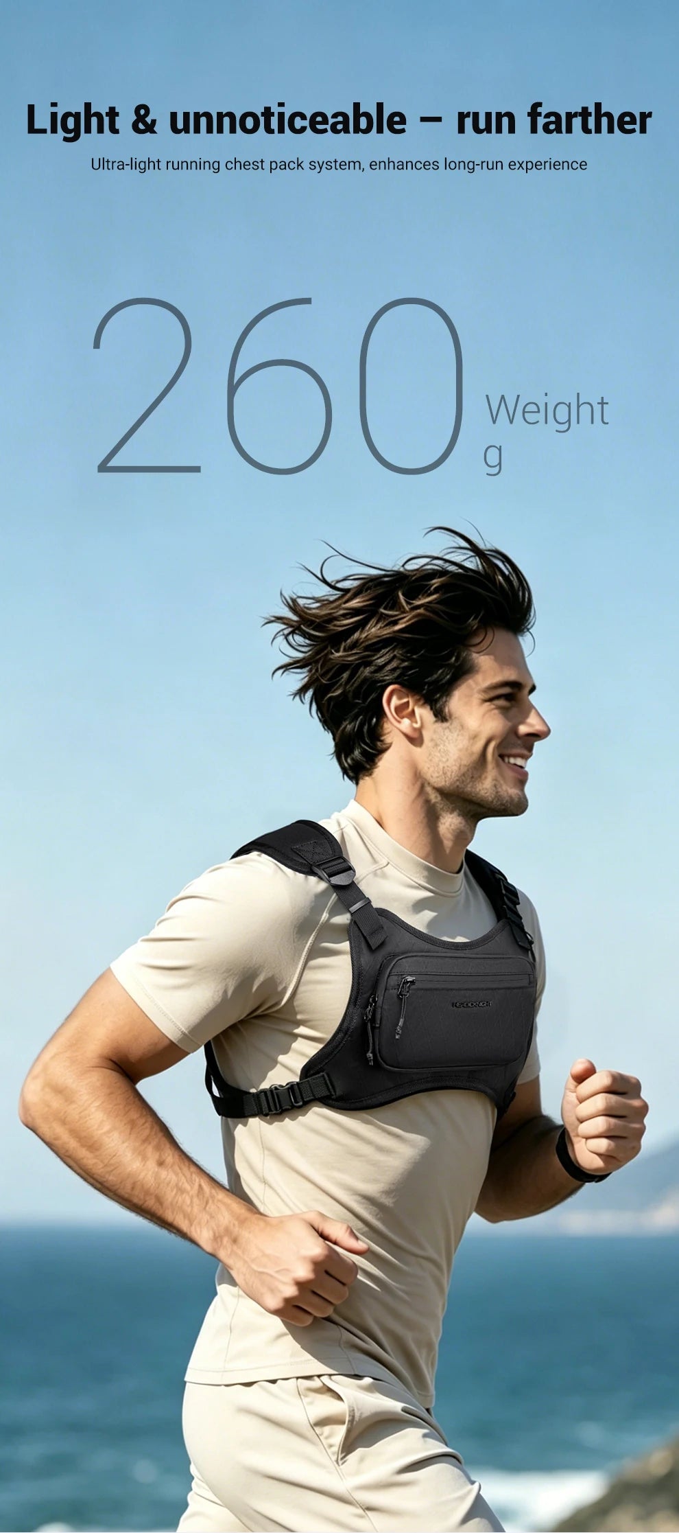 A man wearing a black running chest pack is jogging outdoors against a blue sky and sea background.