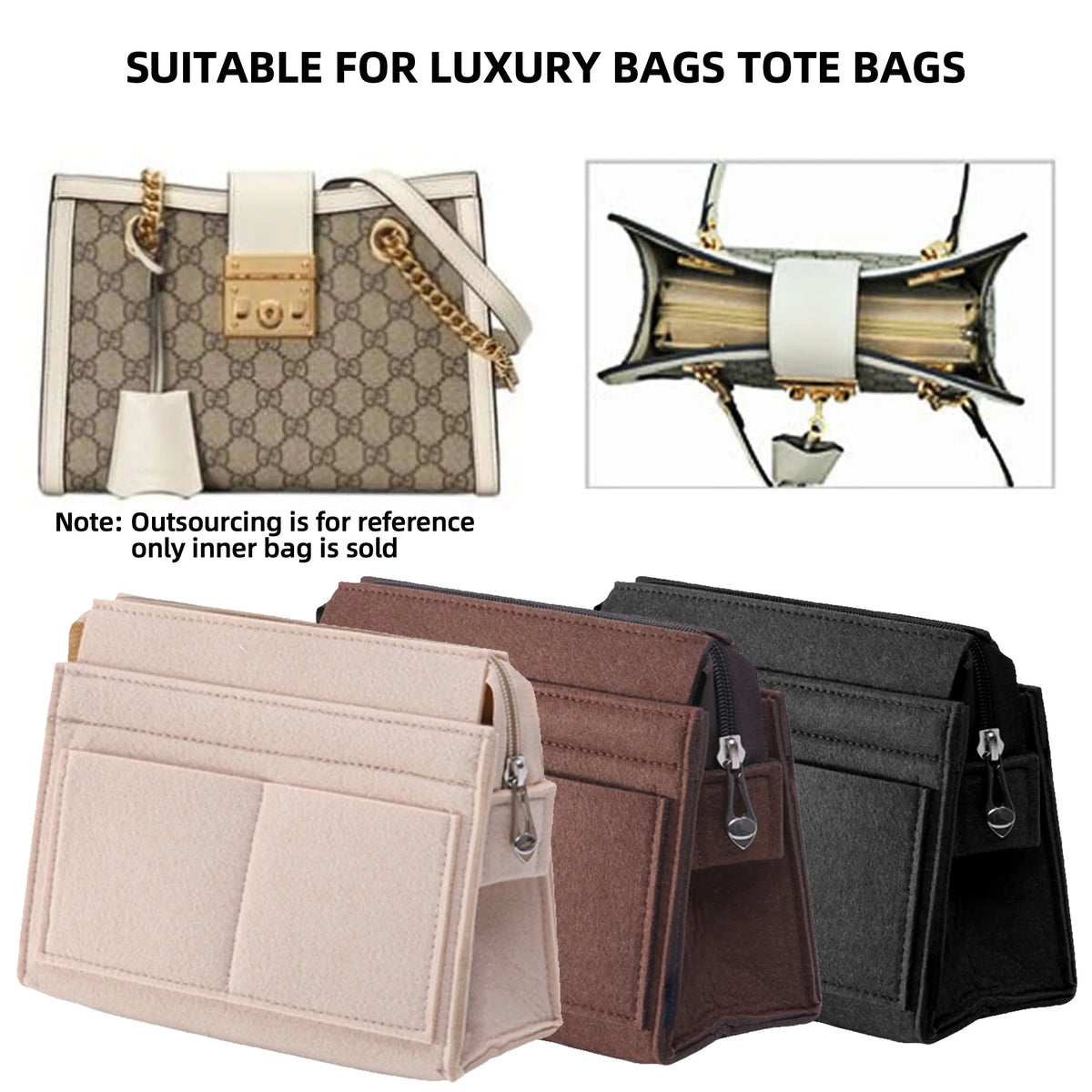 Three felt purse organizers in pink, brown, and black showing different pocket configurations.