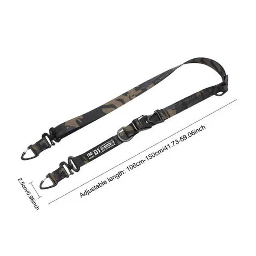 A black camouflage durable outdoor camping crossbody strap with an adjustable length.