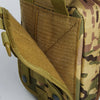 A close-up view of a tan waterproof tactical waist pack bag with olive drab camouflage fabric.