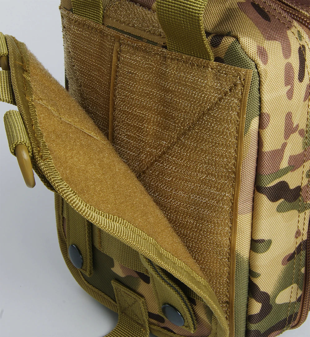 A close-up view of a tan waterproof tactical waist pack bag with olive drab camouflage fabric.