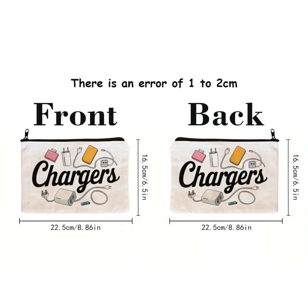 A pair of beige fabric pouches labeled Front and Back showing a graphic design for chargers with an error note.