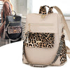 A beige fashion backpack with leopard print accents and gold hardware is shown against a white background.