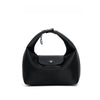 Black nylon dumpling crossbody shoulder bag with a flap closure