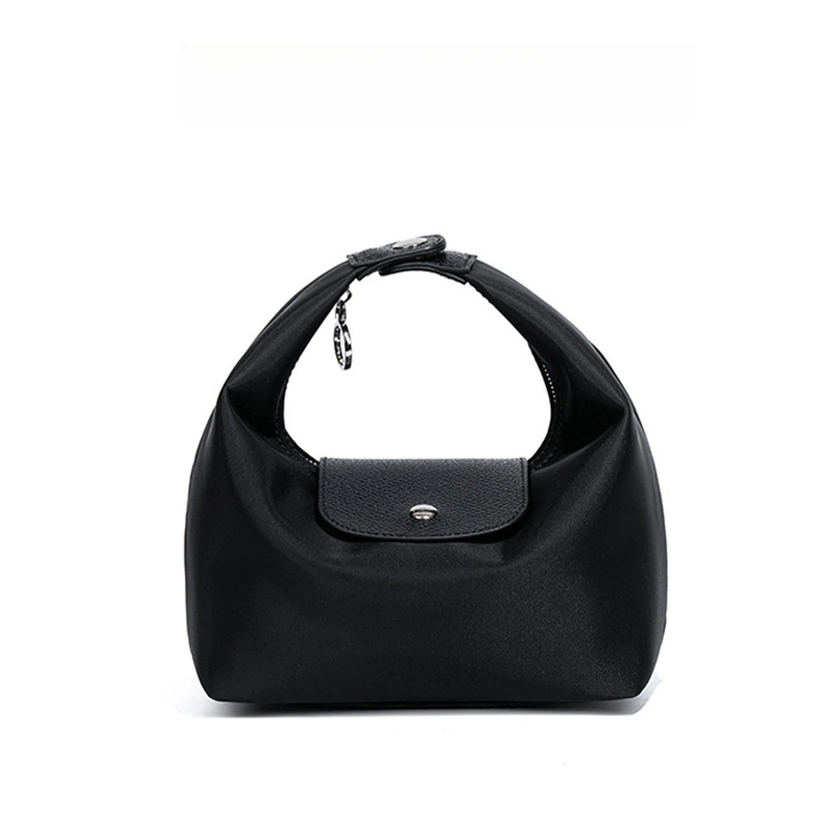 Black nylon dumpling crossbody shoulder bag with a flap closure