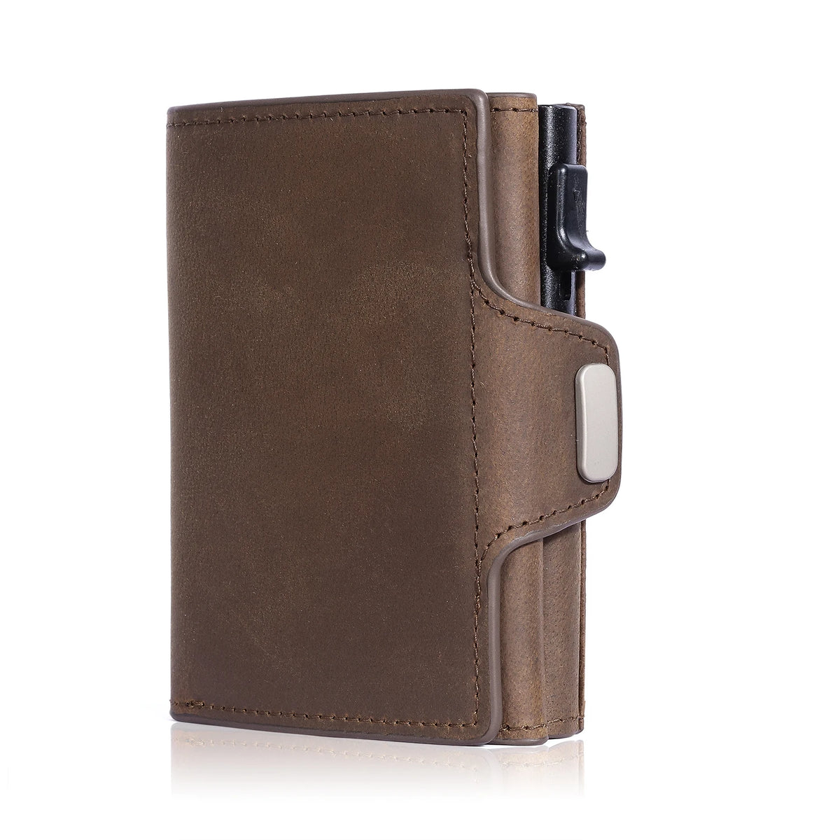 A brown genuine leather RFID blocking card wallet with a black closure and a silver card slot.