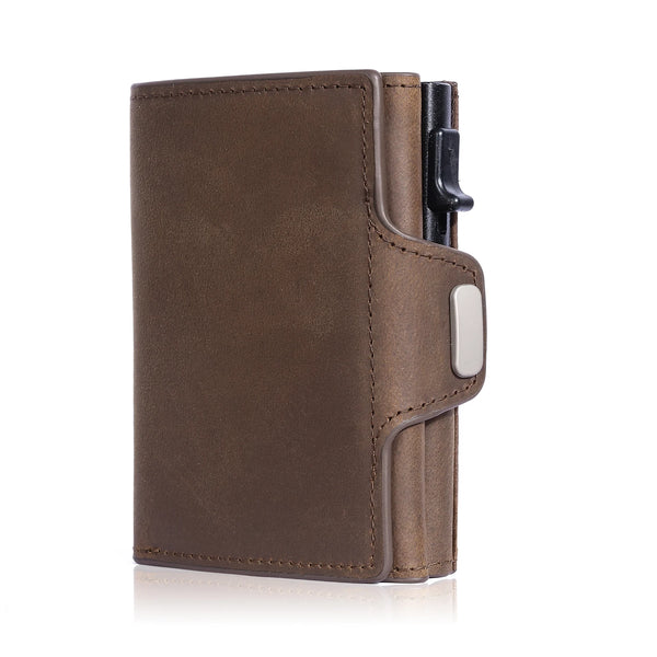 A brown genuine leather RFID blocking card wallet with a black closure and a silver card slot.