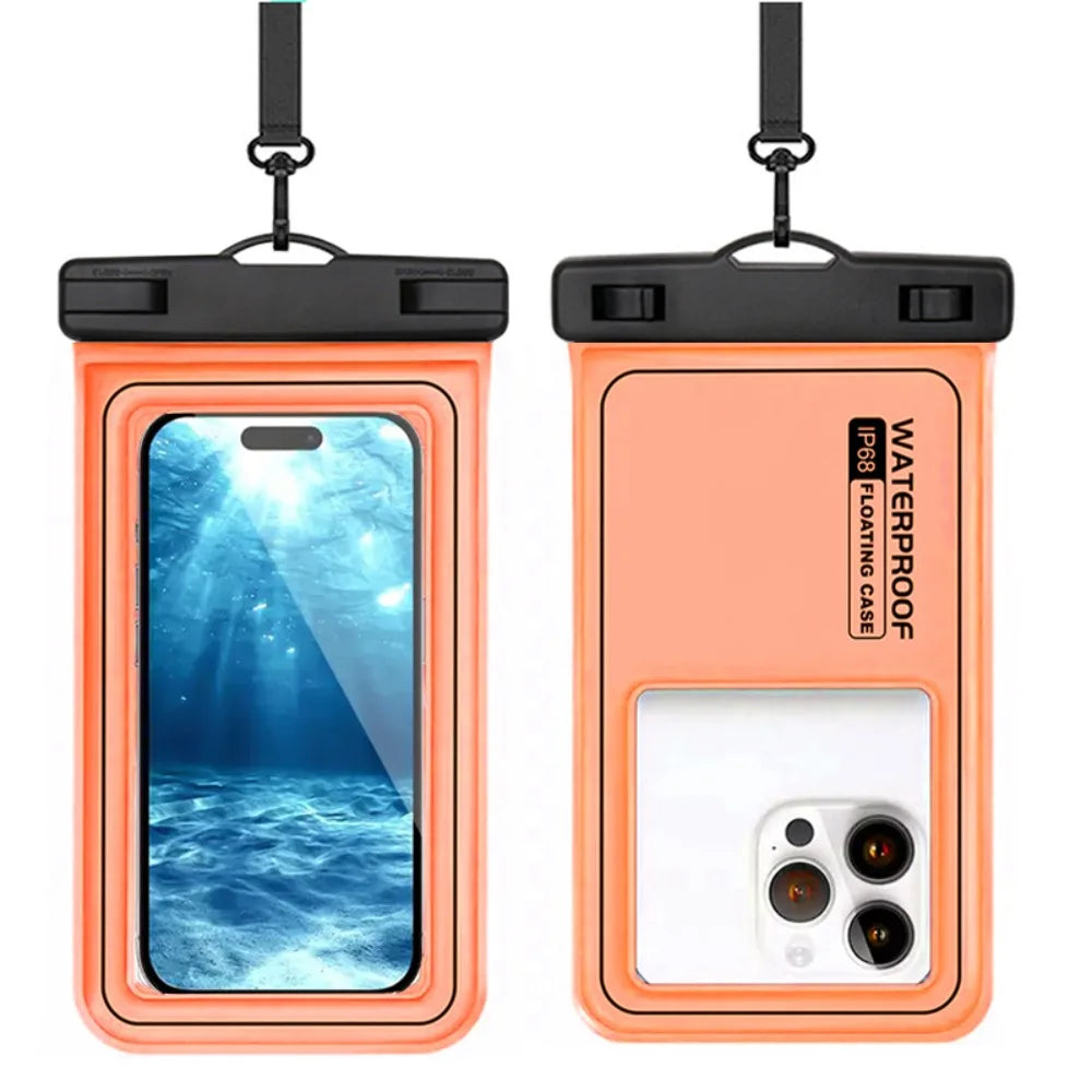 An orange waterproof phone case with a black strap, featuring a clear back and a white camera module.