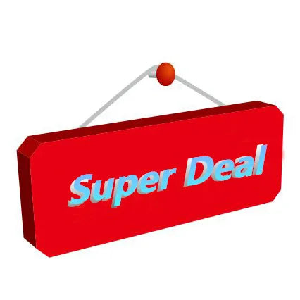 Un letrero rectangular rojo con el texto Super Deal, suspendido por un hilo delgado y con un objeto esférico unido arriba.