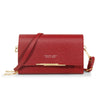 A red leather women's multi-card shoulder wallet with gold hardware.