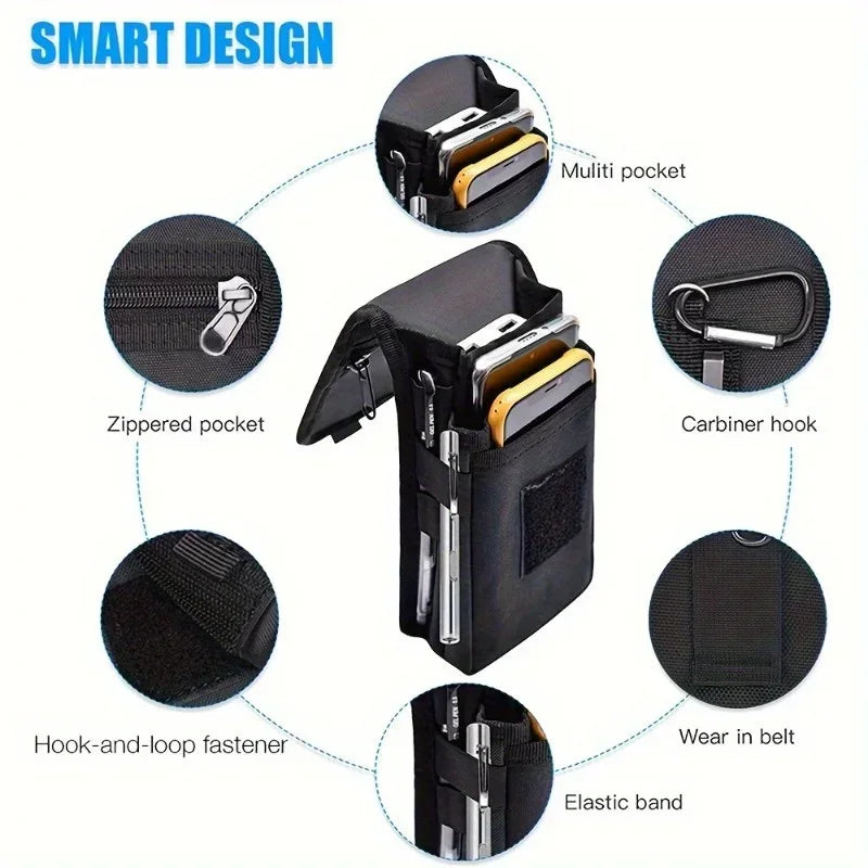 A black multi-functional phone pouch featuring various features like zippered pockets, a carabiner hook, and an elastic band.