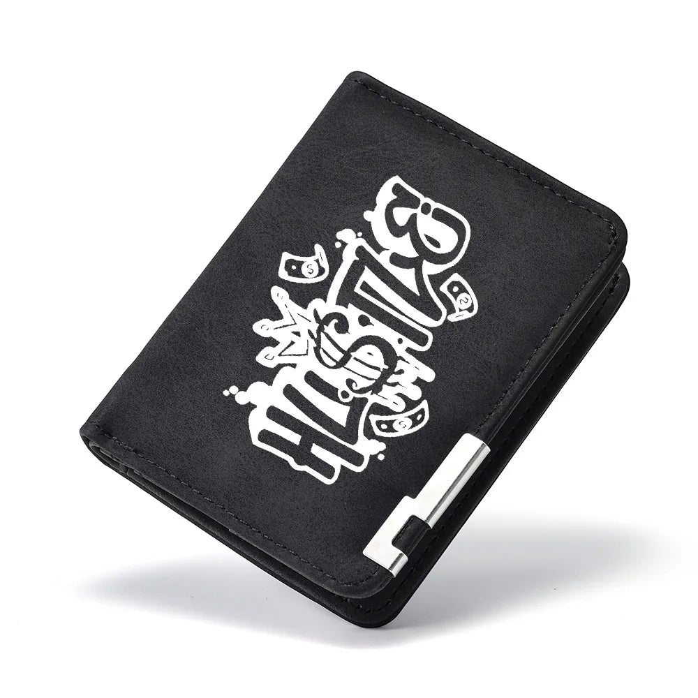 Black PU leather wallet with a white cartoon print design.