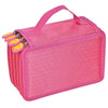 A bright pink pencil case with a pink fabric exterior and yellow accents, featuring multiple slots and dividers.
