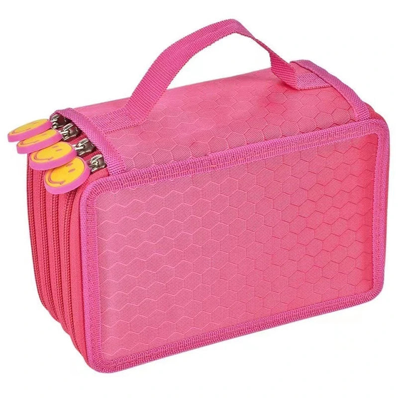 A bright pink pencil case with a pink fabric exterior and yellow accents, featuring multiple slots and dividers.
