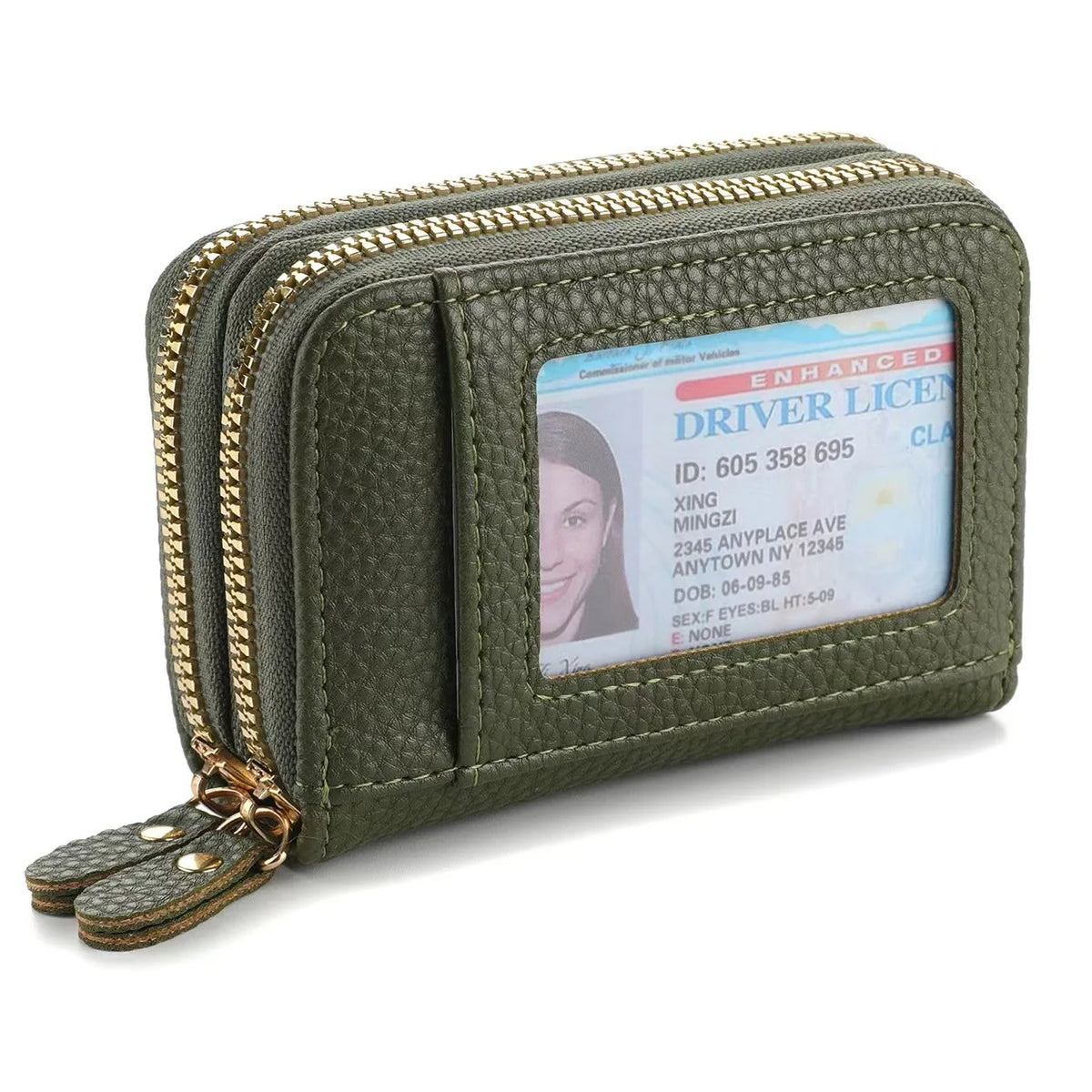 A dark olive green multi-slot PU leather card and ID wallet with a gold zipper.