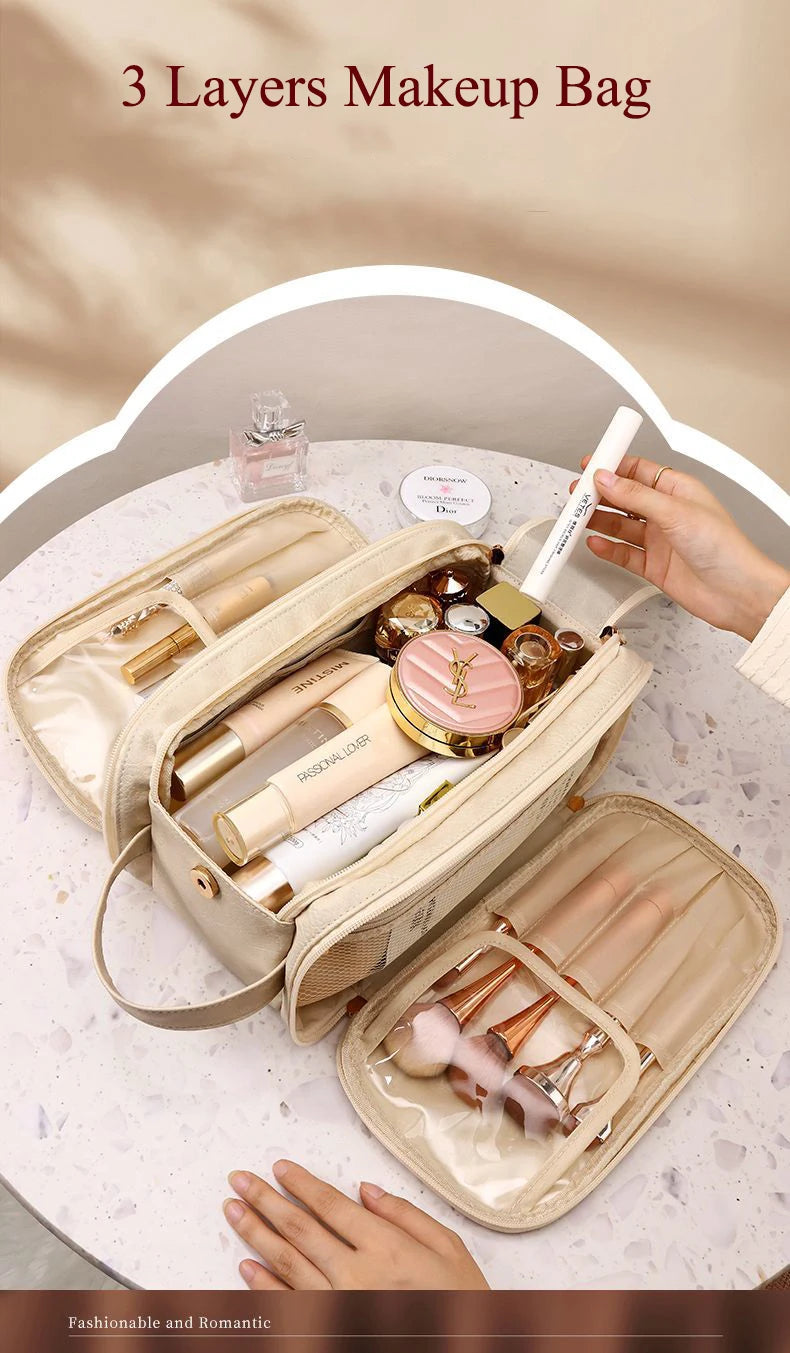 A beige makeup bag organizer showing various cosmetic products and tools inside.